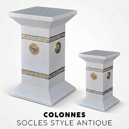 Colonnes d&eacute;coratives blanches avec frises grecques dor&eacute;es et m&eacute;daillons. Texte : COLONNES SOCLES STYLE ANTIQUE